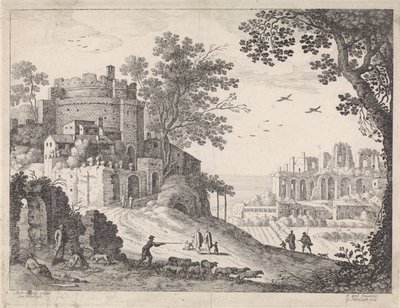 Byggnader längs en väg Italienska landskap (serietitel) av Willem van Nieulandt (II)