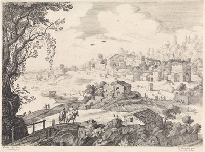 Italienskt landskap med en stad Italienska landskap (serietitel) av Willem van Nieulandt (II)