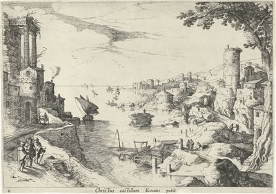 Landskap med Emmausresenärerna Christ castellum Emaus petit (titel på objekt) Italienska landskap med bibliska scener (serietitel) av Willem van Nieulandt (II)