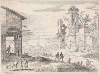 Landskap med den barmhärtige samariten på värdshuset Italienska landskap (serietitel) av Willem van Nieulandt (II)