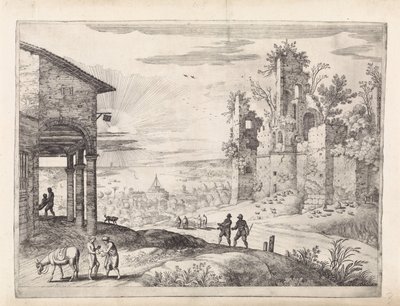 Landskap med den barmhärtige samariten på värdshuset Italienska landskap (serietitel) av Willem van Nieulandt (II)