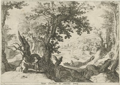 Landskap med Kristi frestelse Satan Christum in solitudine tentat (titel på objekt) Italienska landskap med bibliska scener (serietitel) av Willem van Nieulandt (II)