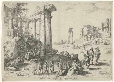 Landskap med flykten till Egypten Maria cum Iosepho i Aegyptum fugit (titel på objekt) Italienska landskap med bibliska scener (serietitel) av Willem van Nieulandt (II)