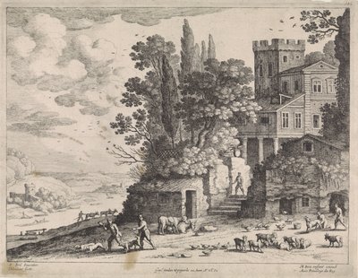 Landskap med hus, figurer och boskap av Willem van Nieulandt (II)