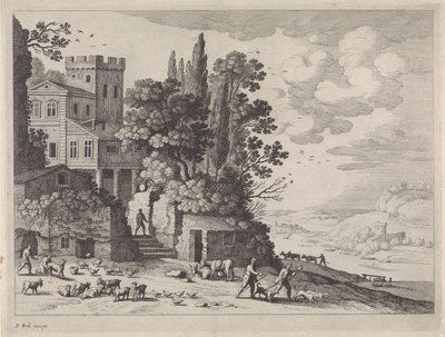 Landskap med hus, figurer och boskap av Willem van Nieulandt (II)
