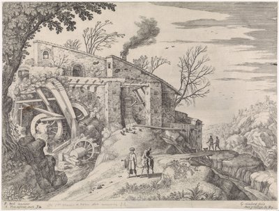 Landskap med en vattenkvarn och den barmhärtige samariten Italienska landskap (serietitel) av Willem van Nieulandt (II)