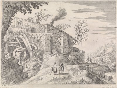 Landskap med en vattenkvarn och den barmhärtige samariten Italienska landskap (serietitel) av Willem van Nieulandt (II)