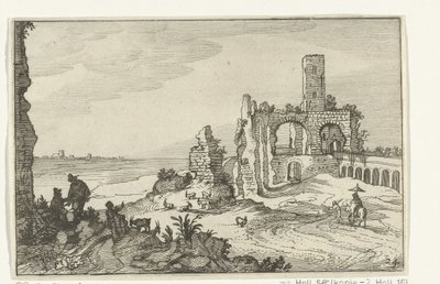 Ruin med valv och ett torn på vattnet Romerska ruiner och kustlandskap (serie 1) (serietitel) av Willem van Nieulandt (II)