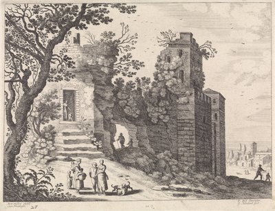 Ruin med en grupp kvinnor och barn Italienska landskap (serietitel) av Willem van Nieulandt (II)