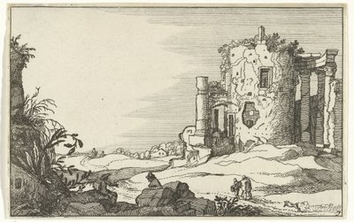 Ruinerna av ett tempel omgivet av kolumner Romerska ruiner och kustlandskap (serie 1) (serietitel) av Willem van Nieulandt (II)