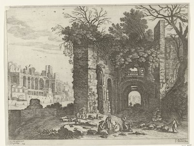 Vilande familj framför en ruin Italienska landskap (serietitel) av Willem van Nieulandt (II)
