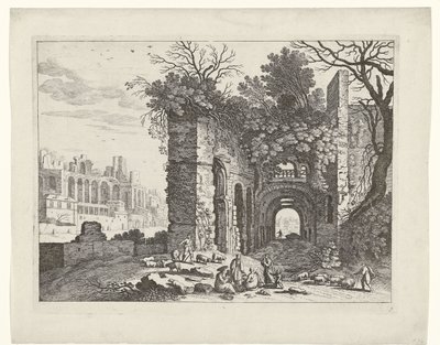Vilande familj framför en ruin Italienska landskap (serietitel) av Willem van Nieulandt (II)