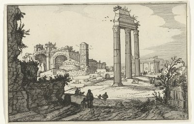 Castor och Pollux tempel och Konstantinbasilikan Romerska ruiner och kustlandskap (serie 1) (serietitel) av Willem van Nieulandt (II)