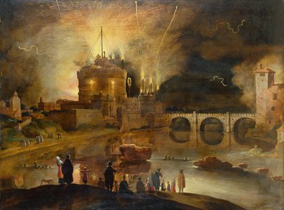 Castel Sant Angelo, Rom, med stadsbor som tittar på ett fyrverkeri på natten (olja på panel) av Willem van Nieulandt