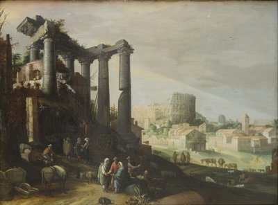 Landskap med utsikt över Campo Vaccino i Rom av Willem van Nieulandt d.Y.