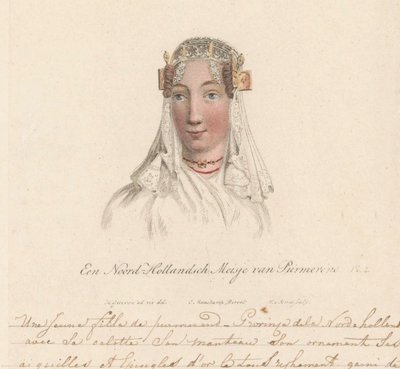 Huvudbonad av en flicka från Purmerend, 1816 A North Holland Girl from Purmerend / Une Jeune fille de purmerend - Province dela Nord-hollande avec sa calotte son manteau son ornament ses aiguilles et epingles d