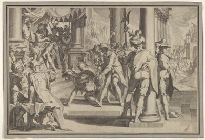 Allegory of Justice Sanctity of the Law med en domstolsscen som skildrar en man som benådas..., 1605. av Willem van Swanenburg