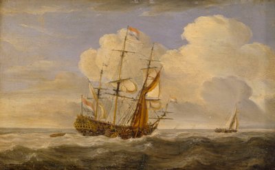 Ett nederländskt flaggskepp i motvind, slutet av 1600-talet till början av 1700-talet (olja på pannå) av Willem van de II (follower of) Velde