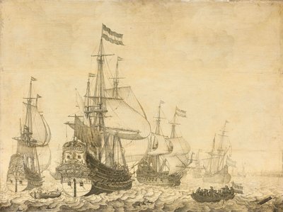 Havslandskap med de holländska krigsmännen inklusive Drenthe och prins Frederick-Henry av Willem van de Velde (I)