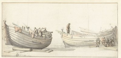 Studie av två fiskebåtar med figurer av Willem van de Velde (II) (attributed to)