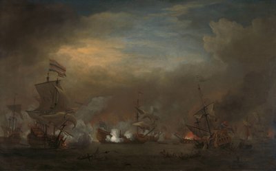 Möte under slaget vid Kijkduin Sjöslaget mellan Cornelis Tromp på Gouden Leeuw och Sir Edward Spragg om den kungliga prinsen under slaget vid Kijkduin (slaget vid Texel), 21 augusti 1673: avsnitt från det tredje anglo-holländska kriget av Willem van de Velde (II)
