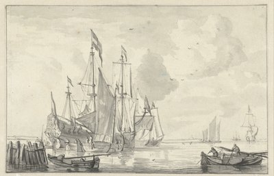 Seascape med några fartyg i lugnt vatten nära kusten av Willem van de Velde (II)