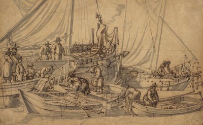 Figurer ombord på små handelsfartyg, ca 1650-5 (penna, brunt bläck och tvättritning) av Willem van de Velde