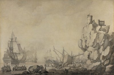 Skepp och milis vid en stenig strand av Willem van de Velde the Elder
