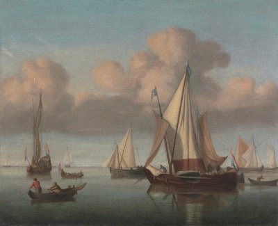 En Kaag för ankar med segel hissade och en statsyacht och andra fartyg av Willem van de Velde the Younger