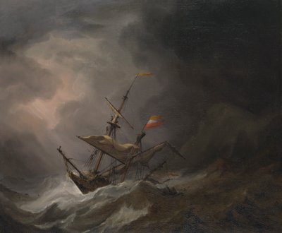 En medelhavsbrigantin som driver upp på en klippig kust i storm, ca 1700 (olja på duk) av Willem van de Velde the Younger