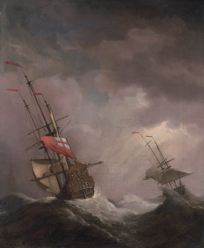 Ett engelskt skepp till sjöss som kör i storm av Willem van de Velde the Younger