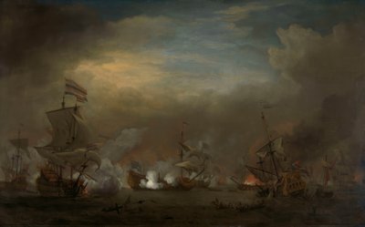 Nattlig havsstrid mellan Cornelis Tromp på Gouden Leeuw och Sir Edward Spragge på Royal Prince av Willem van de Velde the Younger