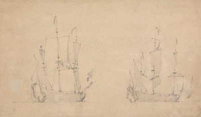 Styrbord kvartsvy av ett flaggskepp i ljus luft och liknande vy av ett annat av Willem van de Velde the Younger