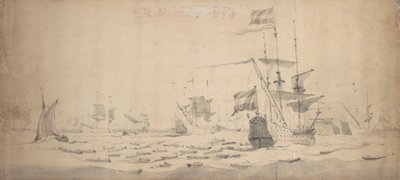 En holländsk flotta som ligger i en bris: ett krigsråd, ca 1665 (grafit, grå lav) av Willem van de the Elder Velde