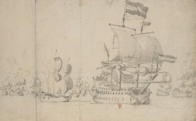 Ett holländskt flaggskepp med ett expeditionsfartyg på sin sida, maj 1672, ca 1672 (blyerts, lavering) av Willem van de the Elder Velde