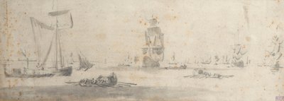 En galliot i lätta vindar och flera pråmar, ca 1681 (grafit, grå lav) av Willem van de the Elder Velde