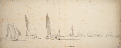 En dragbåt, wijdschips och waterschips i en lätt bris, ca 1664 (grafit, grå lav) av Willem van de the Elder Velde