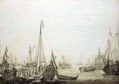En mängd olika fartyg i en trång hamn, denna målning är historiskt förknippad med Charles II av Englands (1630-1685) resa till Haag (Holland) 1660, under återställandet av hans makt över den engelska tronen av Willem van de the Elder Velde
