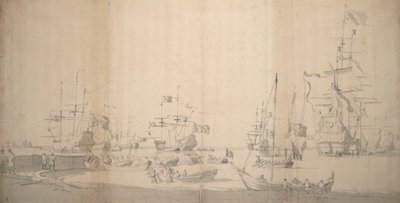 En weyschuit dras iland i en trång hamn, ca 1672 (grafit) av Willem van de the Elder Velde