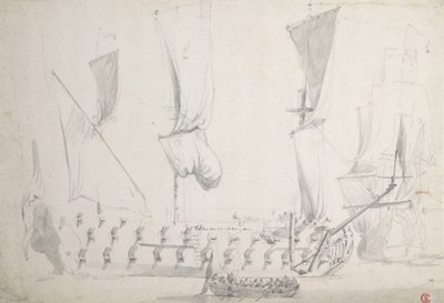 En engelsk fjärdeklassare i lätta vindar, ca 1681 (grafit, grå lav) av Willem van de the Elder Velde