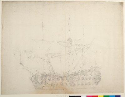 Ett engelskt fartyg av tredje klass med 60 kanoner sett från babords bog, ca 1673 (offset) av Willem van de the Elder Velde