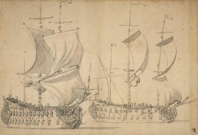 En engelsk tredje- och fjärdeklassare under lätt segel, ca 1677 (blyerts, lavering) av Willem van de the Elder Velde