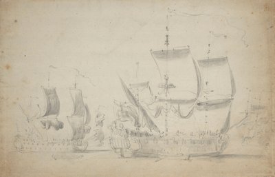 En engelsk tvådäckare under lätt segel, ca 1675 (blyerts, lavering) av Willem van de the Elder Velde