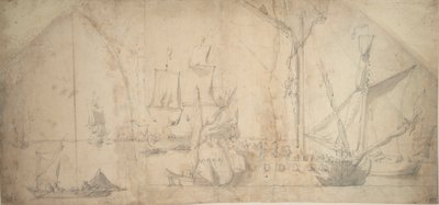 En engelsk yacht för ankar med inrullat segel av Willem van de the Elder Velde