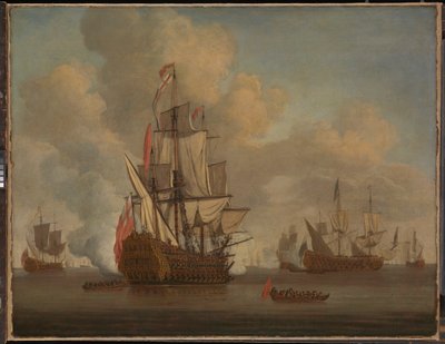 Calm: en engelsk tvådäckare med lossade segel som avfyrar en salut av Willem van de the Elder Velde