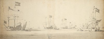 Holländska flaggskepp för ankar med båtar bredvid, ca 1664 (grafit, grå lav) av Willem van de the Elder Velde