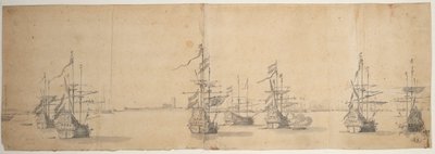 Holländska fartyg för ankar utanför en låg strand, ca 1658 (grafit, grå lav) av Willem van de the Elder Velde