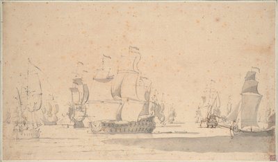 Engelska fartyg, en ketch och en galliot i en lätt bris, juni 1673, ca 1673 (blyerts, lavering, penna, brunt bläck) av Willem van de the Elder Velde