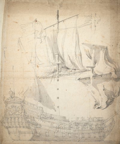 Porträtt av "Kampveere" (), ca 1664 (offset, grafit, grå lav) av Willem van de the Elder Velde