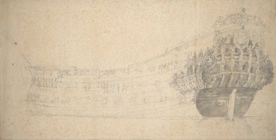 Porträtt av en fransk tvådäckare. Byggd i Holland 1666-67, ca 1667 (grafit) av Willem van de the Elder Velde